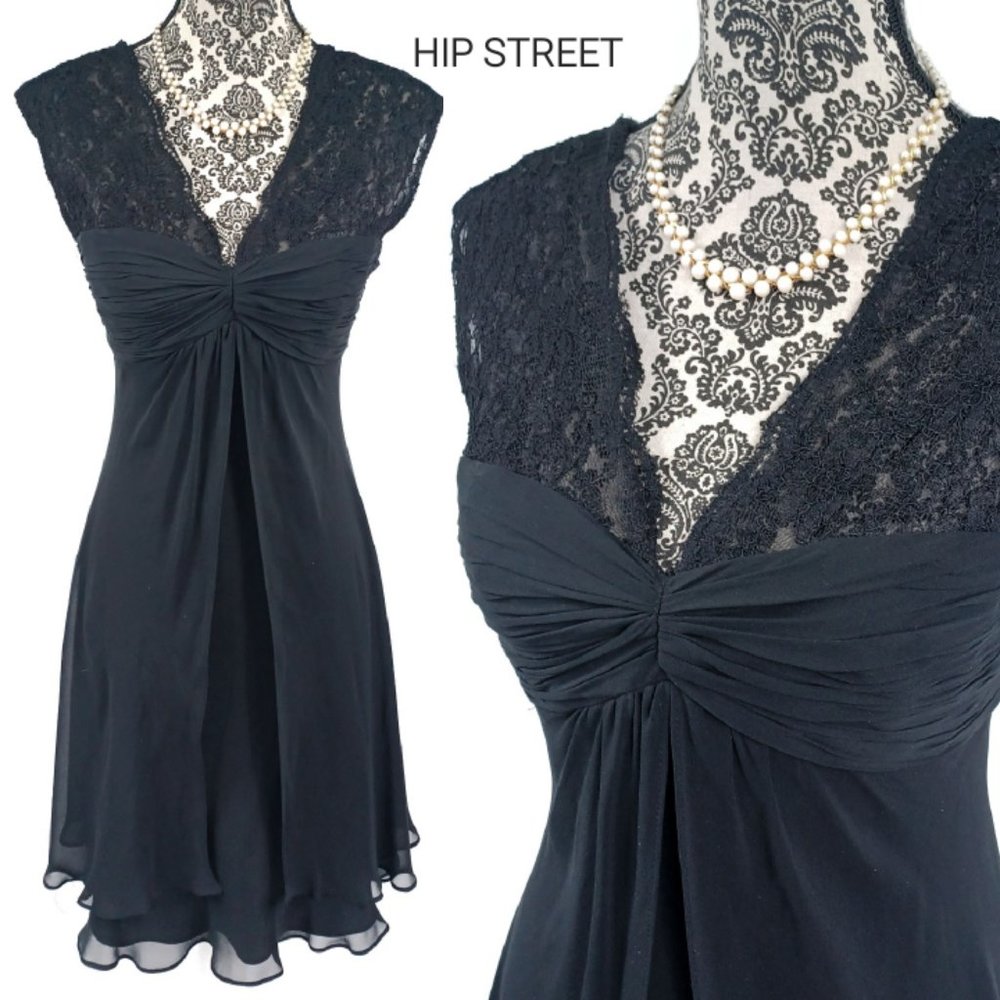 DONNA RICCO Dress Lace Shoulder Ruched Bodice Layer Panel Silk Chiffon Party 8